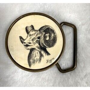 Vtg Round Brass Belt Buckle Ram Goat Enameled 1978 BTS USA Made Signed Higgins